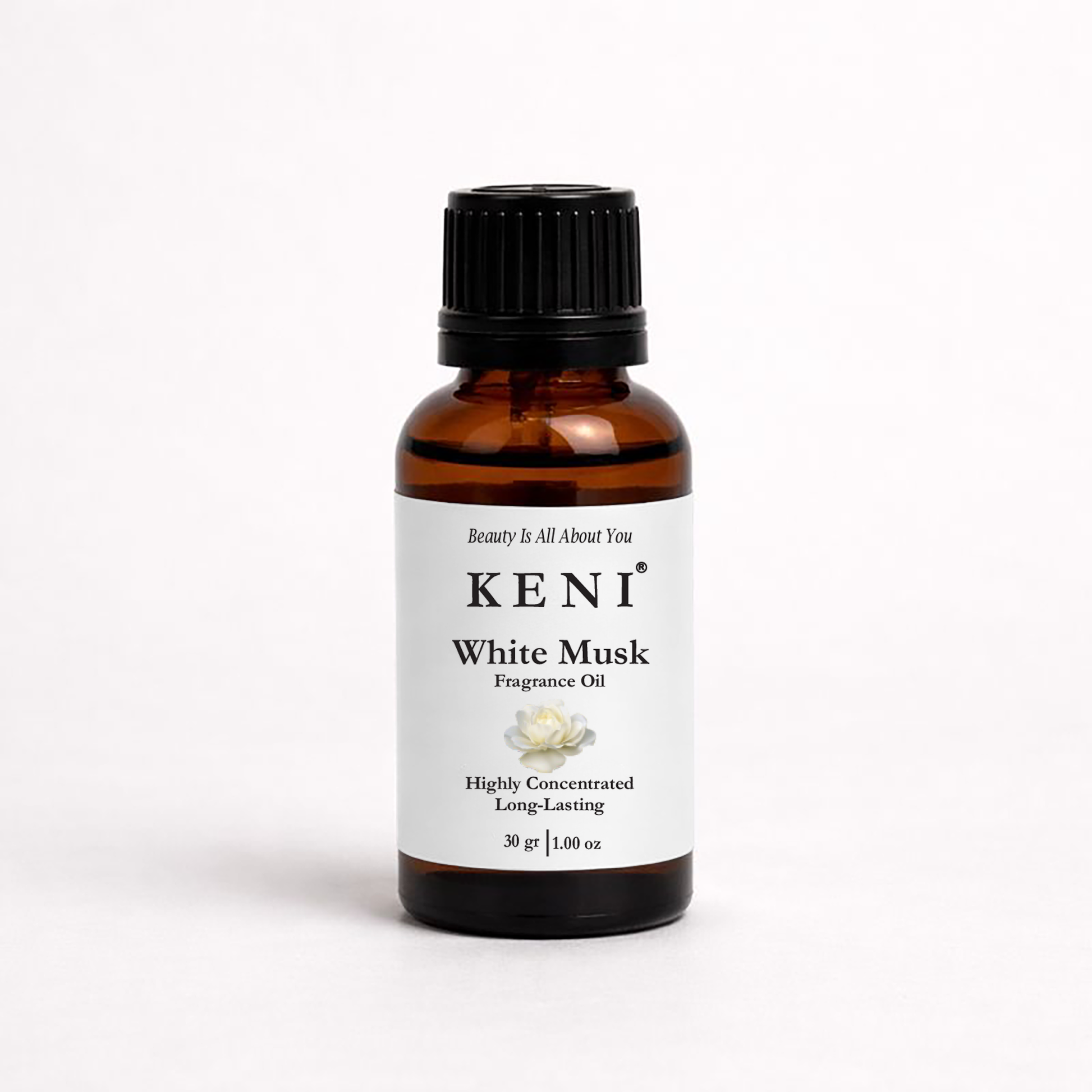 Bottle of KENI White Musk Fragrance Oil on a white background
