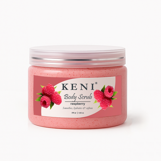 KENI Cosmetics raspberry body scrub exfoliating skincare with fruity raspberry scent for smooth, radiant skin