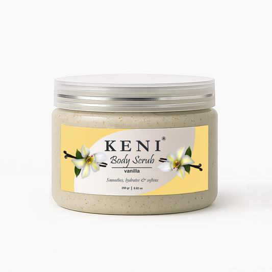 KENI Cosmetics vanilla body scrub exfoliating skincare with warm vanilla scent for soft, glowing skin