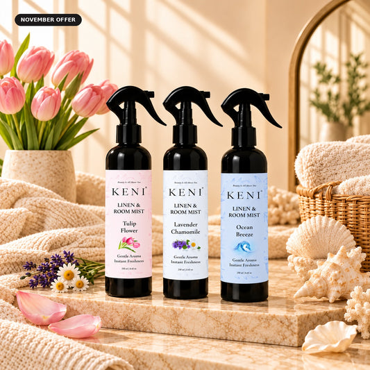 KENI Linen & Room Mist offer: 3 spray bottles in Tulip Flower, Lavender Chamomile and Ocean Breeze, any 3 for $20