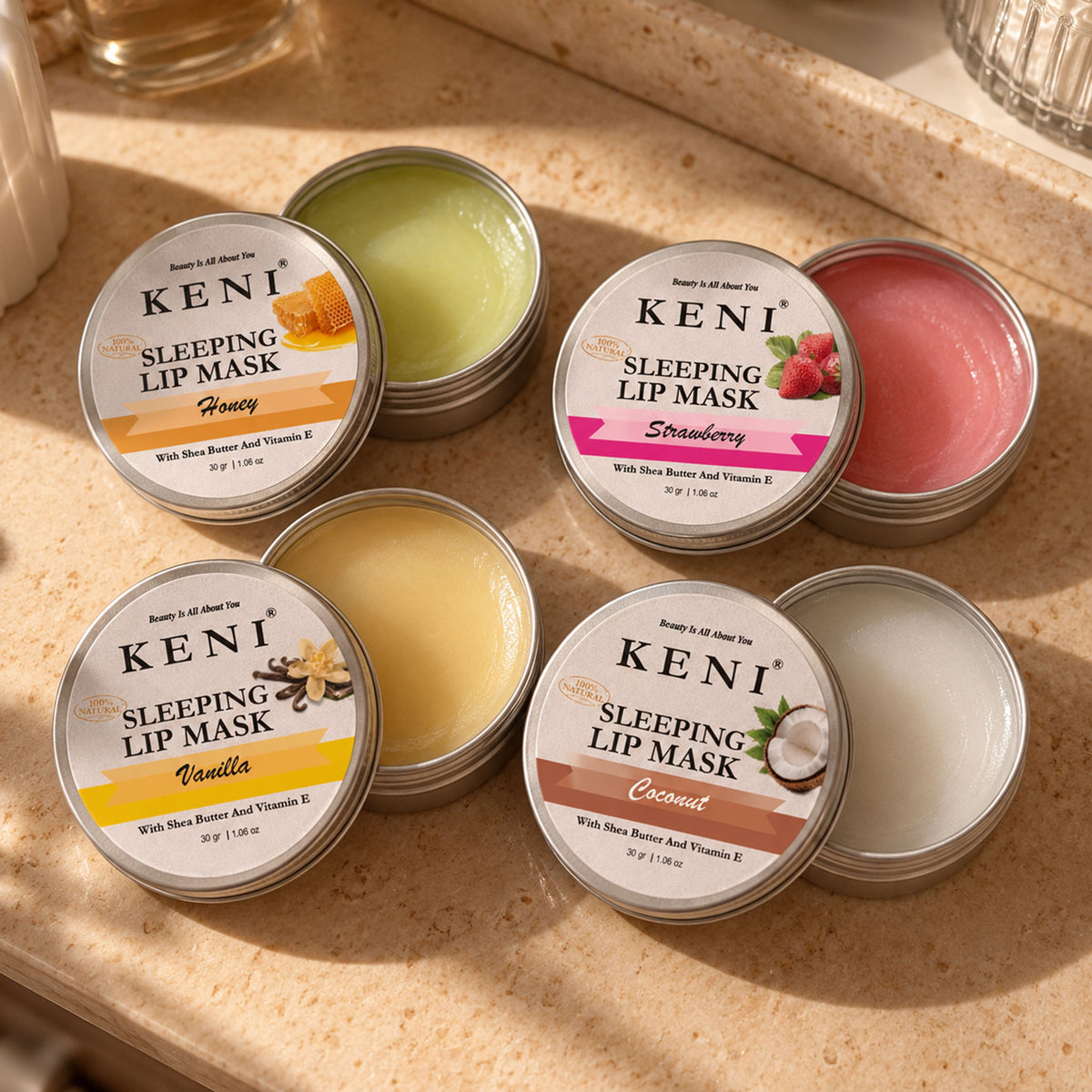 Four KENI Cosmetics lip masks in Honey, Coconut, Vanilla and Strawberry