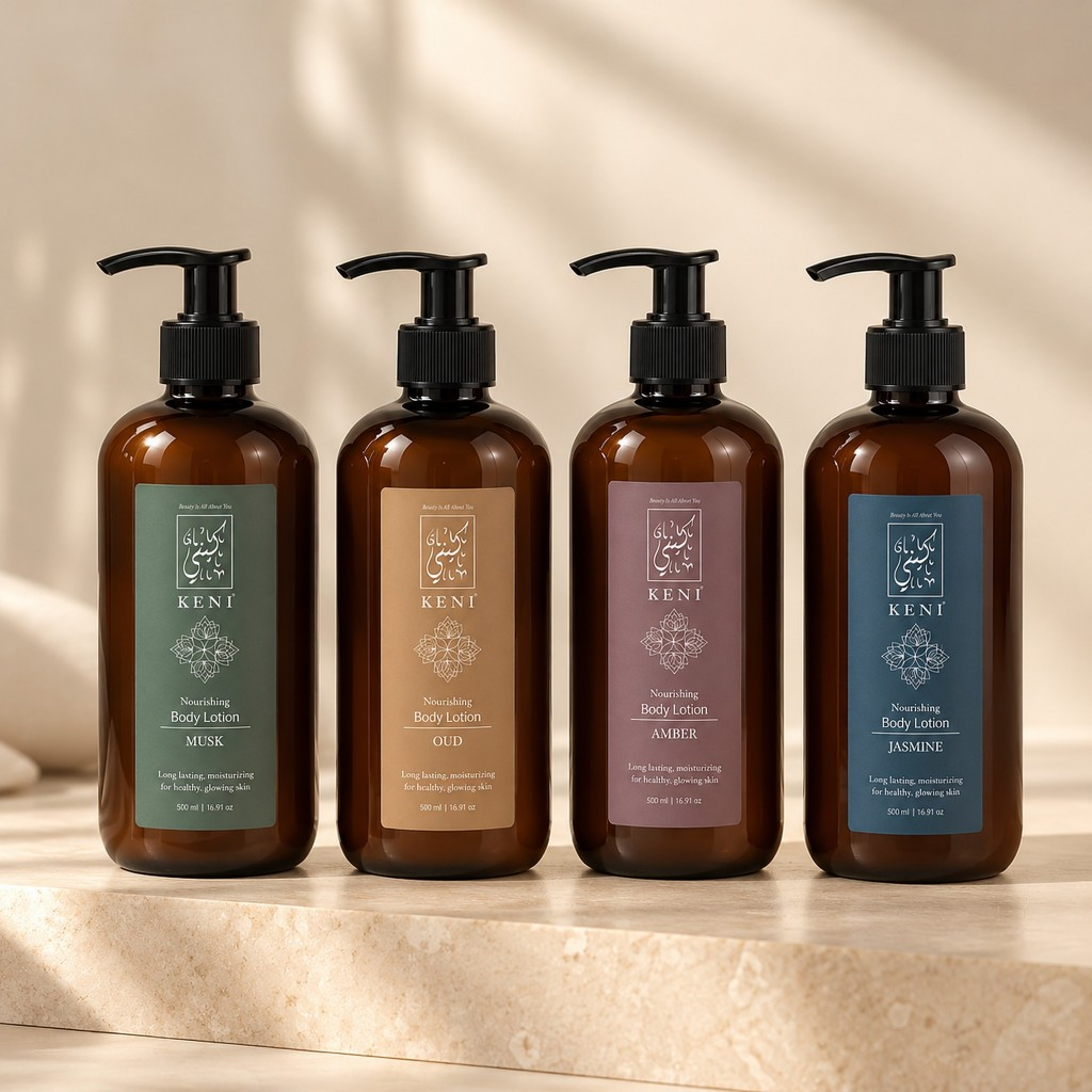 Full range of KENI Cosmetics body lotions in Amber, Musk, Oud and Jasmine scents