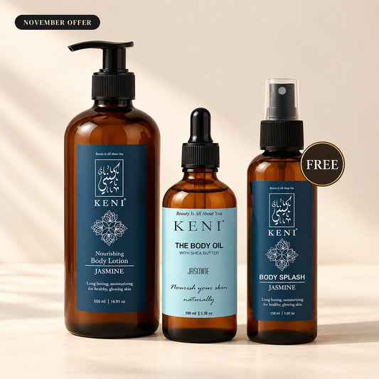 KENI Cosmetics body lotion, body oil and free body splash bundle, a Lebanon gift set
