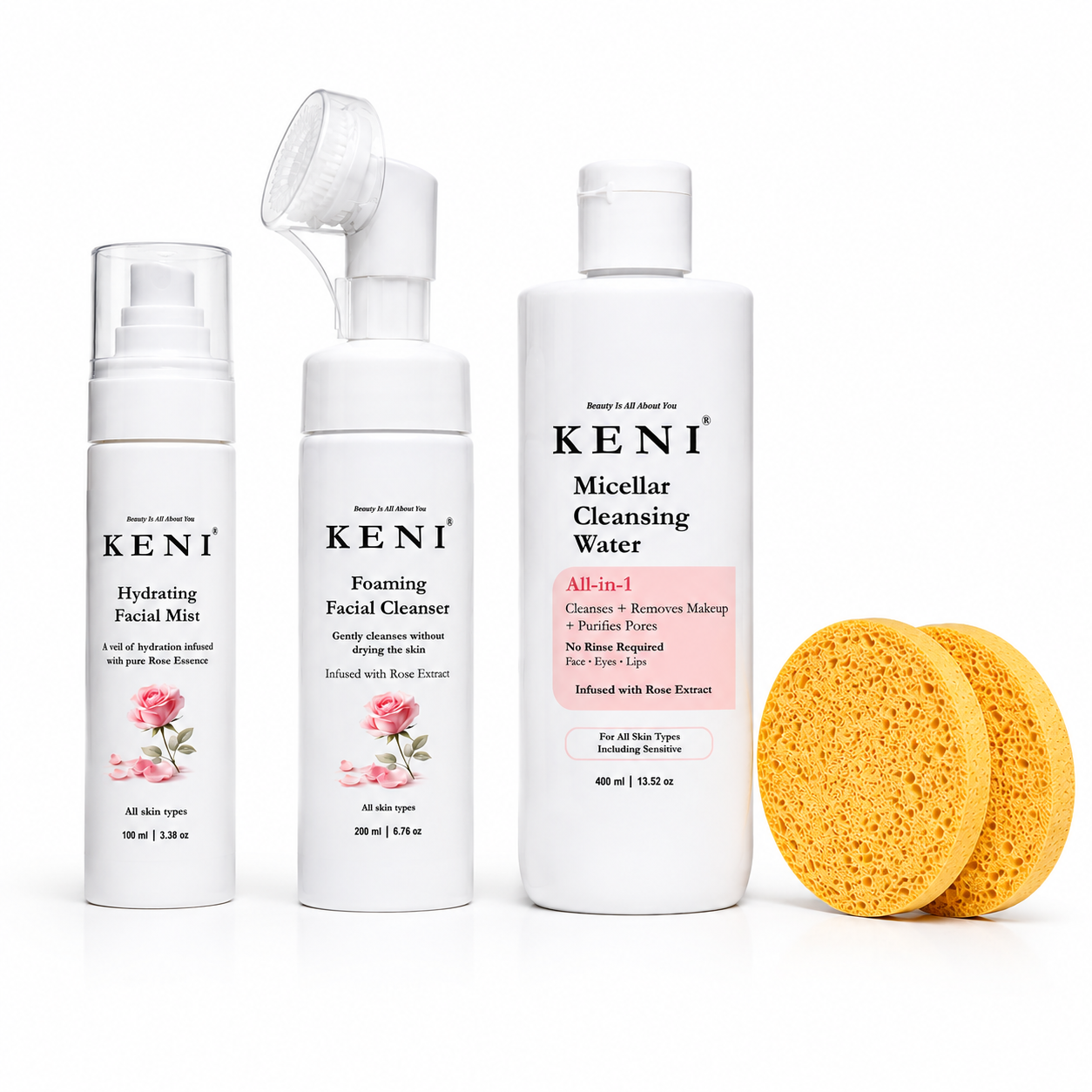 Keni skincare products including a facial mist, cleanser, and micellar water with sponges on a white background.