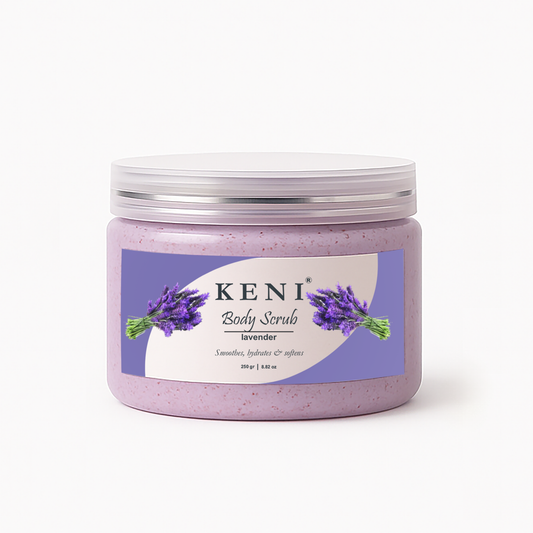 KENI Cosmetics lavender body scrub exfoliating skincare with calming lavender scent for smooth, radiant skin